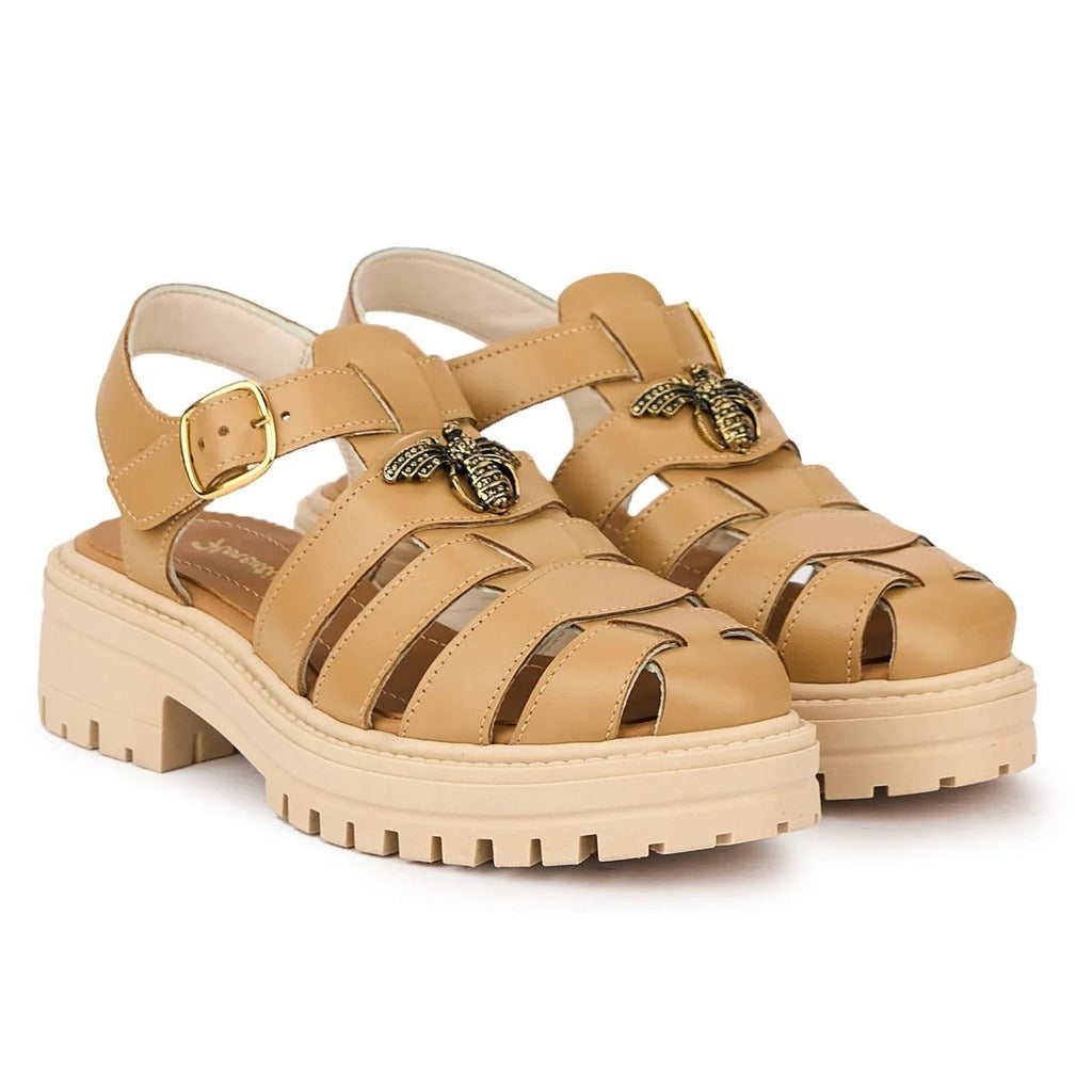 Sandale Damă Piele Naturală Bej cu Platformă Calista - OneShoes (Foto 2)