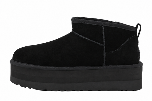 UGG CLASSIC ULTRA MINI PLATFORM BLACK — vedere laterală, fundal alb