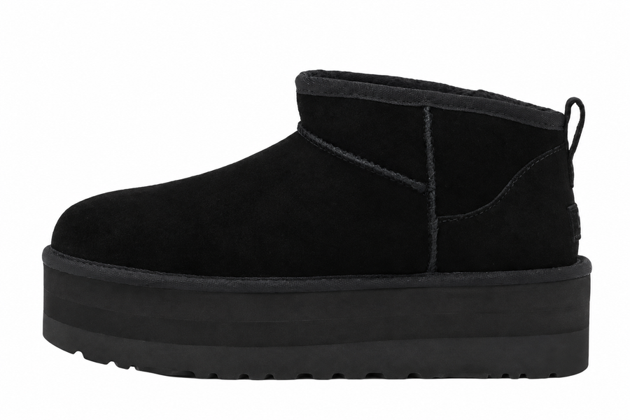 UGG CLASSIC ULTRA MINI PLATFORM BLACK — vedere laterală, fundal alb